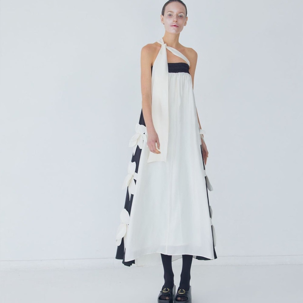 One-Shoulder Black & White Bow-Accent Maxi Dress